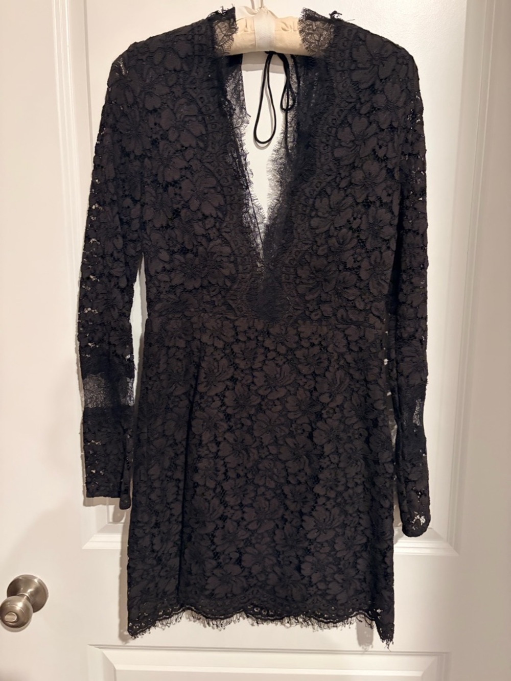 long sleeve double v neck black lace dress